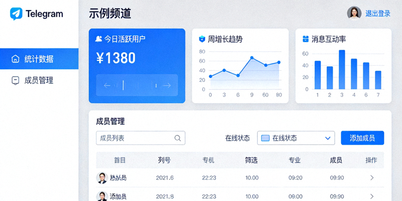 电脑版Telegram频道管理后台界面，展示统计数据和成员管理选项