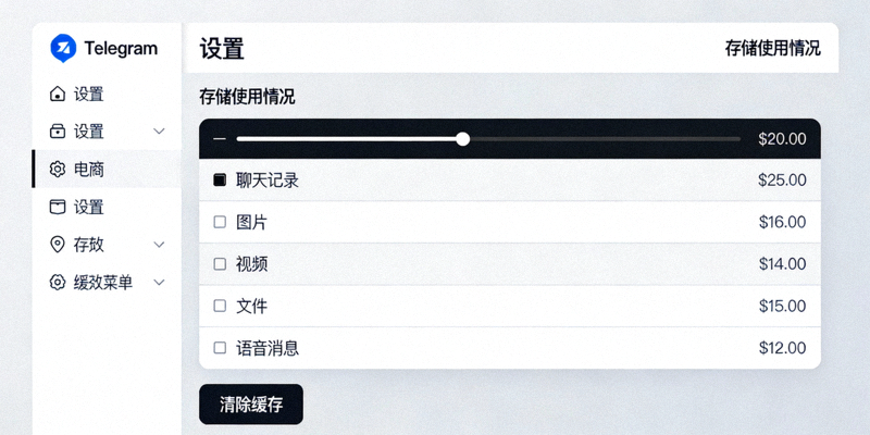 电脑版Telegram设置菜单中存储使用情况页面的详细截图，展示缓存分类
