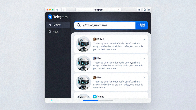 电脑版Telegram搜索框内输入机器人用户名进行搜索的界面截图