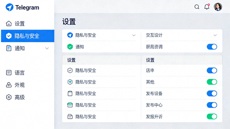 电脑版Telegram中文客户端设置主界面概览，展示左侧菜单和右侧设置选项