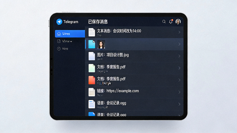 电脑版Telegram中已保存消息聊天界面，展示各种类型的文件和信息被归档在一起