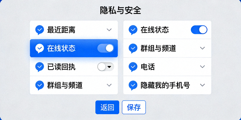 电脑屏幕上显示Telegram隐私设置菜单的模拟界面，突出显示各种选项