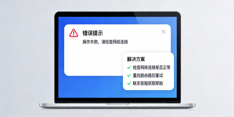 电脑屏幕上显示一个错误的弹窗提示，旁边有一个带有对勾的解决方案列表