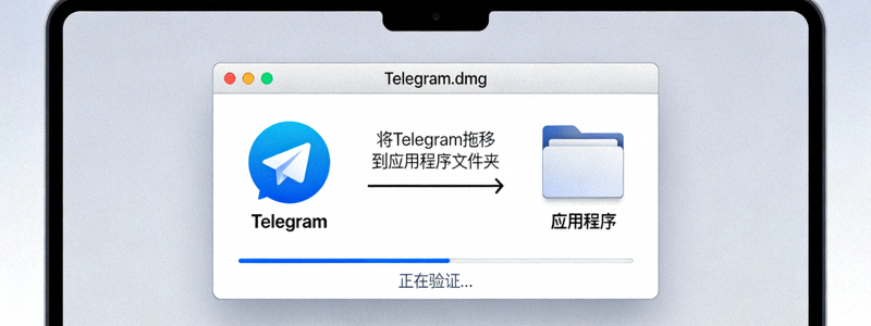 macOS系统打开Telegram的dmg安装文件窗口，展示拖拽安装到应用程序文件夹的过程