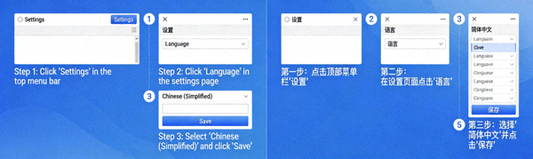 Telegram电脑版软件界面语言从英文切换为简体中文的步骤对比示意图