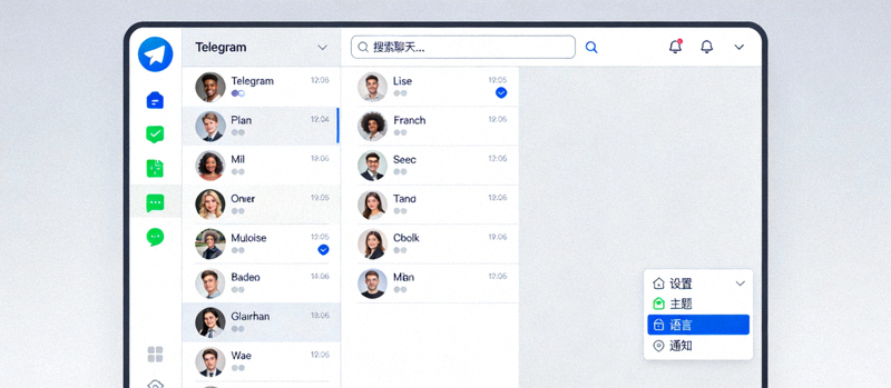 Telegram电脑中文版登录成功后的主界面，展示聊天列表和设置菜单