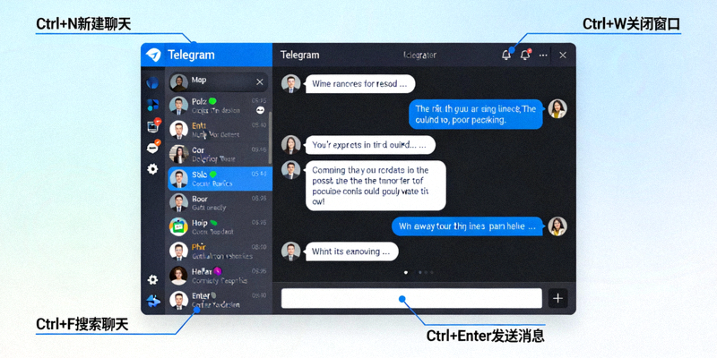 Telegram电脑中文版软件界面截图，展示聊天窗口与侧边栏，并标注了常用快捷键的操作区域