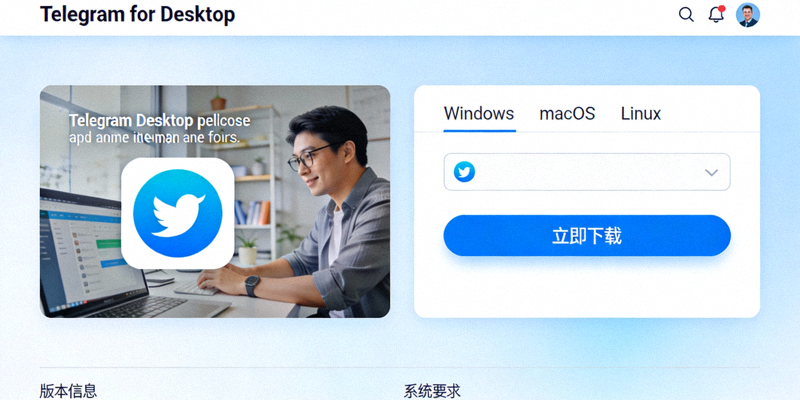 Telegram官方网站桌面版下载页面的浏览器截图，展示清晰的下载按钮和版本选择