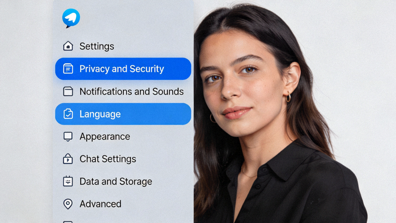 Telegram设置界面左侧菜单栏，Language语言选项被突出显示