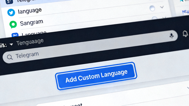Telegram语言设置页面底部，Add Custom Language添加自定义语言按钮被高亮显示