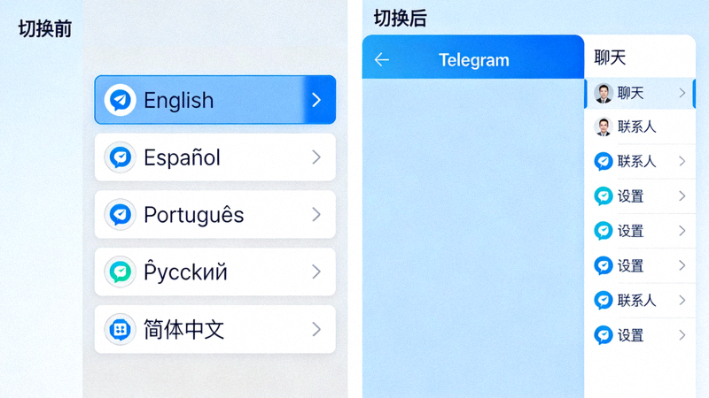 Telegram语言选择列表中出现简体中文选项并成功切换后的界面对比图