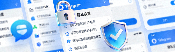 象征安全和隐私的锁与盾牌图标叠加在Telegram电脑版中文客户端的隐私设置界面上