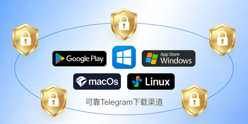 象征安全来源的盾牌图标环绕着五个不同平台的Logo，表示可靠的Telegram下载渠道
