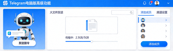 展示Telegram电脑版高级功能如机器人交互、大文件发送、频道管理面板的界面概览