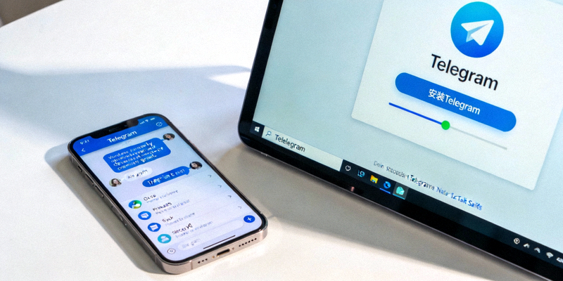 智能手机上显示Telegram应用界面，旁边是电脑屏幕准备安装Telegram电脑版