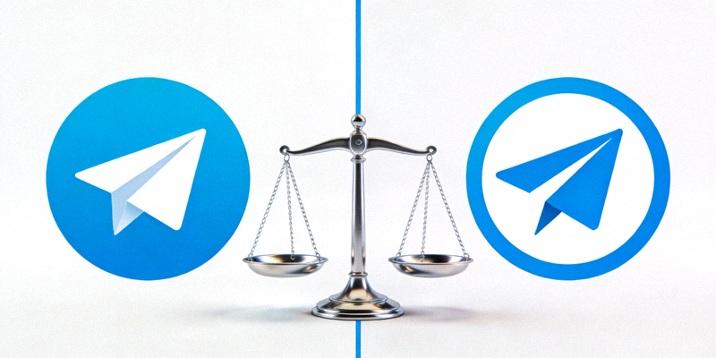 左右分屏对比图，左侧是官方Telegram logo，右侧是第三方修改版logo，中间有一个天平图标